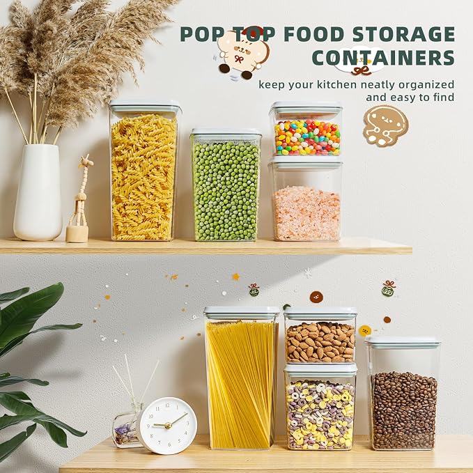 Airtight Food Storage Containers, 8-Piece Pantry Organizer Set | One-Touch Pop-Top Lids, Clear Stackable Bodies and Measurement Marks for Flour, Sugar, Cereal, Pasta, Oats and Dry Snacks