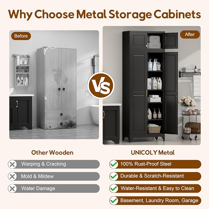 UNICOLY 90.8" Kitchen Pantry Cabinet, Metal Storage Cabinet with 4 Shelves | Tall Storage Cabinet with Doors and Shelves,Freestanding Cupboardfor Kitchen, Living Room, Dinning Room, Assembly Required