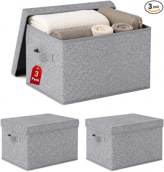 WUIKE Foldable Storage Bins with Lids, Storage Boxes with Handles, Closet Shelf Organizer, Fabric Storage Baskets for Bedroom, Decorative Storage Containers, Large, Ash Gray, 3-Pack