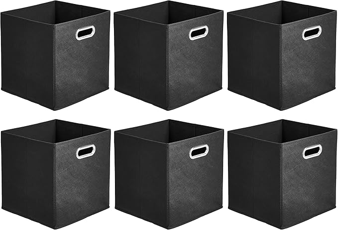 Amazon Basics Collapsible Cube Storage Bins, Space-Saving, Organizing Fabric Bins with Handles, 10.5" x 10.5" x 11", Black, 6-Pack