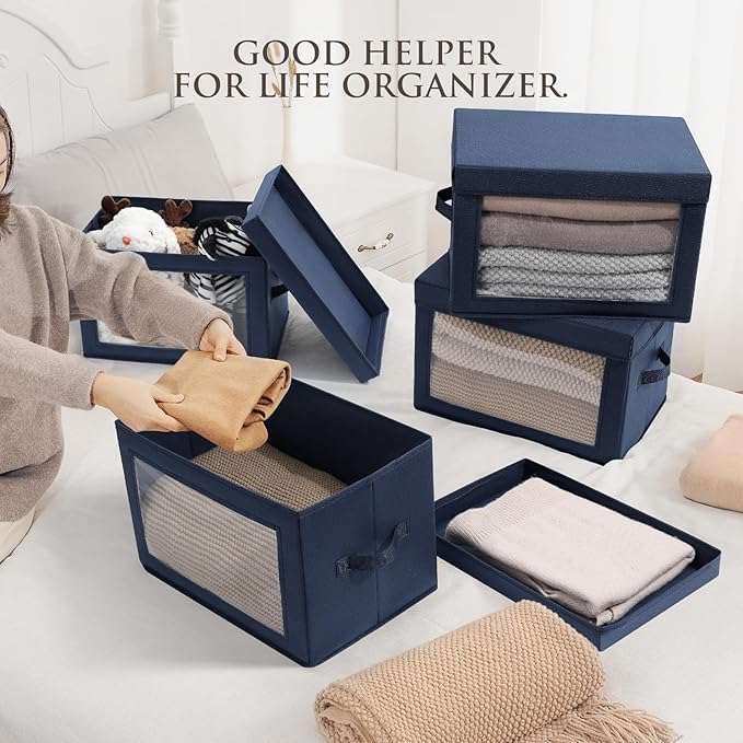 Homsorout Foldable Storage Boxes with Clear Window - Clothes Organizers and Storage, Decorative Bins with Lid, Fabric Storage Cube, Storage Baskets for shelves, Yarn, Home, Navy blue, 3 Pack