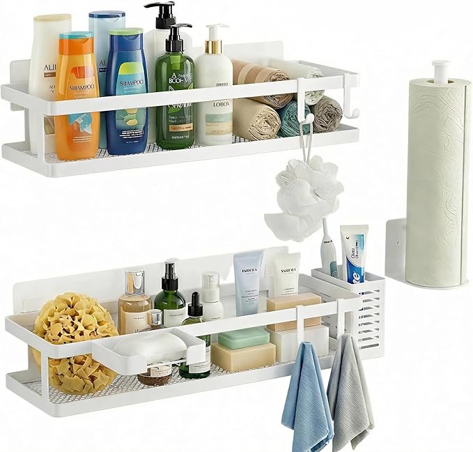 PUSDON 5-in-1 16.5" Extra Long Kitchen Organizer & Shower Caddy Set, Wall Mount Spice Rack with Paper Towel Holder, Utensil Holder & Soap Dish, Rustproof Mesh - White, Guardrail