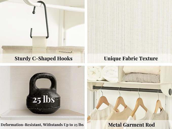 StorageWorks Hanging Closet Organizer with Metal Rod, 4-Section Closet Organizers and Storage, Collapsible Hanging Shelves for Baby Clothes, Shoes, Sweater Storage, Ivory and White