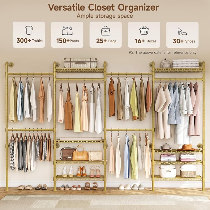 ONBRILL H4 Wall Mounted Closet System, Expandable Industrial Pipe Clothes Rack Clothing Rack for Hanging Clothes, Heavy Duty Closet Organizers and Storage in Wardrobe Closet - Gold