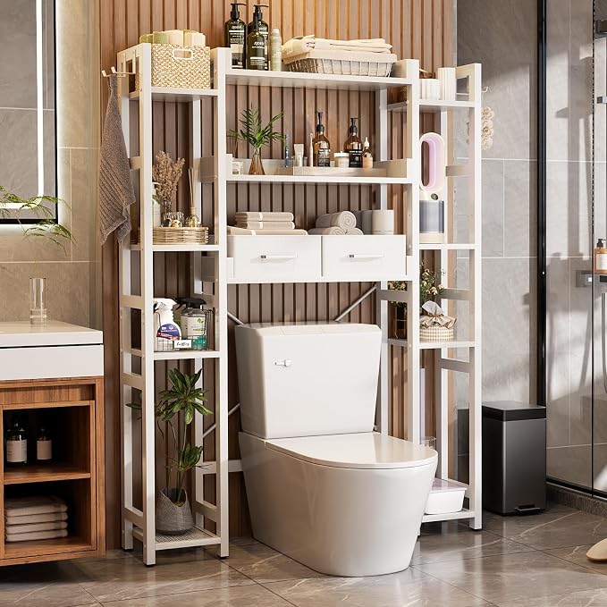 Besiost Over The Toilet Storage, 11 Tier Bathroom Organizer with Dual Side Racks and 2 Fabric Drawers, Adjustable Freestanding Rack Space Saver for Small Spaces, White