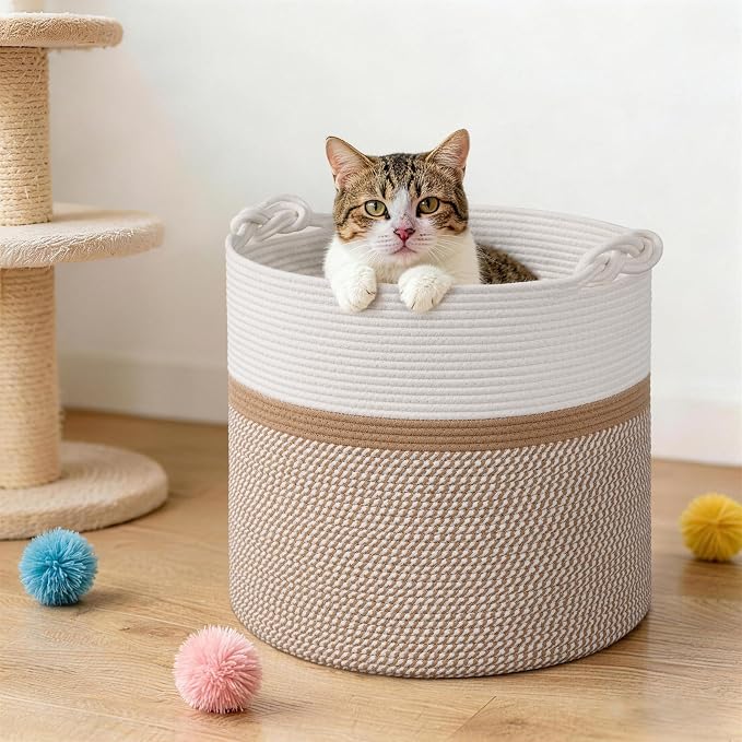 Goodpick 17"x16" Toy Storage for Kids, Home Décor Living Room, Woven Laundry Basket for Blankets Pillows Clothes, Baby Basket for Fall Decorations, White & Camel