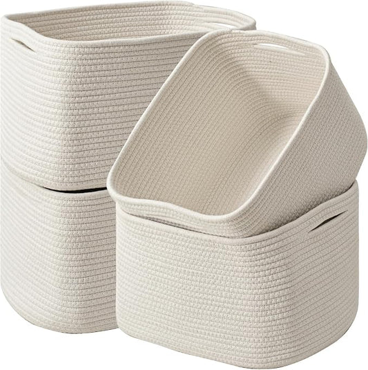 ICERZCZ Storage Baskets for Organizing & Shelves, Woven Cotton Rope Organization Bins for Dog Toys, Clothes, Books, Nursery Organizer, 15"Lx11''Wx9.5''H, (4 Packs) Off White
