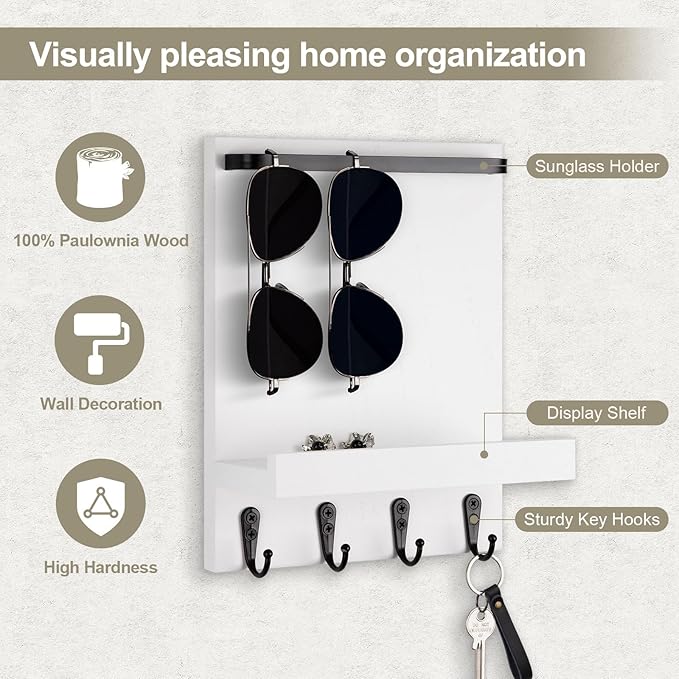 Key Holder Wall Mount, Key Holder for Wall with 4 Hooks, Farmhouse Key Hanger Holds Dog Leash, Sunglasses – Decorative Mail Organizer Home Decor (White)