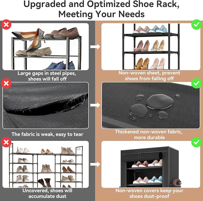 ROJASOP Shoe Rack with Covers 10 Tier Large Shoe Organizer Tall Shoe Closet Storage for 20-22 Pairs Shoe and Boot, Free Standing Shoe Rack Organizer for Closet, Entryway, Bedroom, Black
