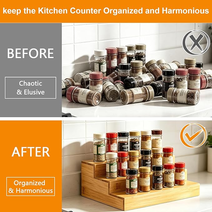Spice Rack Organizer for Cabinet - 2PCS 11.8in Bamboo Spice Shelf | 3 Tier Seasoning Organizer for Countertop, Kitchen, Pantry - Apply to Standard Spice Jars, Vitamin Bottles, Sauce Cans