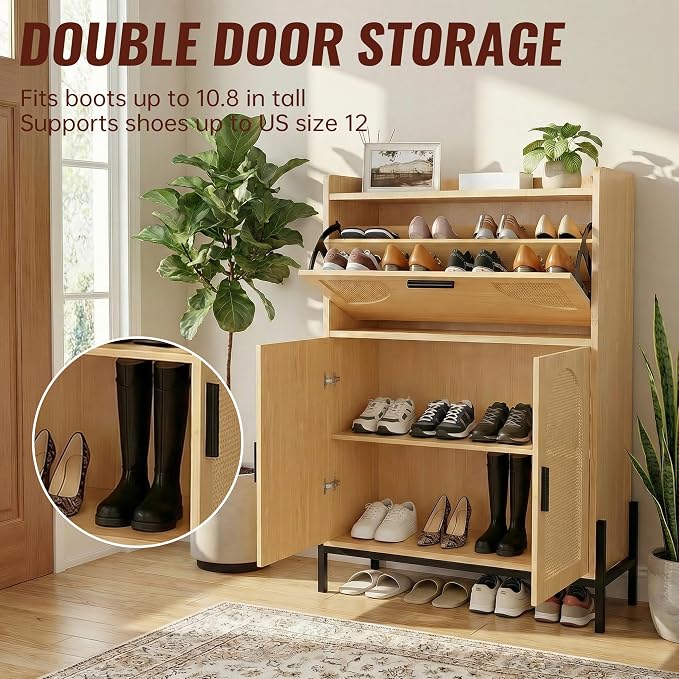 Shoe Cabinet Storage for Entryway, Narrow Wooden Shoe Organizer with Flip Drawer and Lower Double Door Cabinet, Rattan Shoe Cabinet with Metal Legs, 46 x 31.5 x 13.7 in