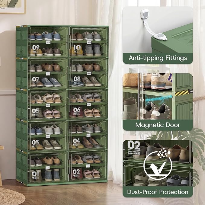 JEKO&JEKO 4 Tiers Green Foldable Shoe Rack Organizer for Entryway, Outdoor Front Door Shoe Storage Cabinet, Large Collapsible Shoe Box with Magnetic Doors, Holds Up to 16 Pairs