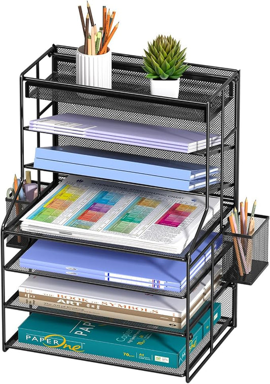 7 Tier Desk File Organizer, Black Metal Letter Tray Paper Organizer with Pull-Out Drawer, Removable Pen Holder & Hanging Basket, Vertical Desktop File Holder for Home Office, Classroom