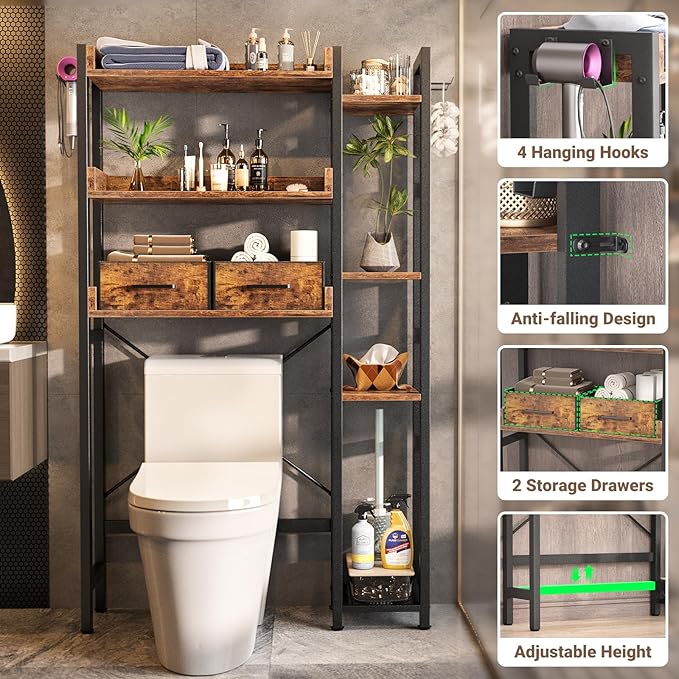 Besiost Over The Toilet Storage, 7 Tier Bathroom Organizer with Reversible Side Shelf and 2 Fabric Drawers, Adjustable Freestanding Rack Space Saver for Small Spaces, Rustic Brown