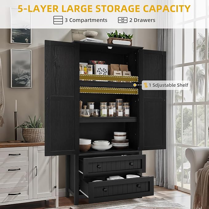 YITAHOME 64.5" Farmhouse Pantry Cabinet with 2 Drawers & Shelves, Oak Black | Tall Storage Cupboard for Living Room, Kitchen, and Hallway