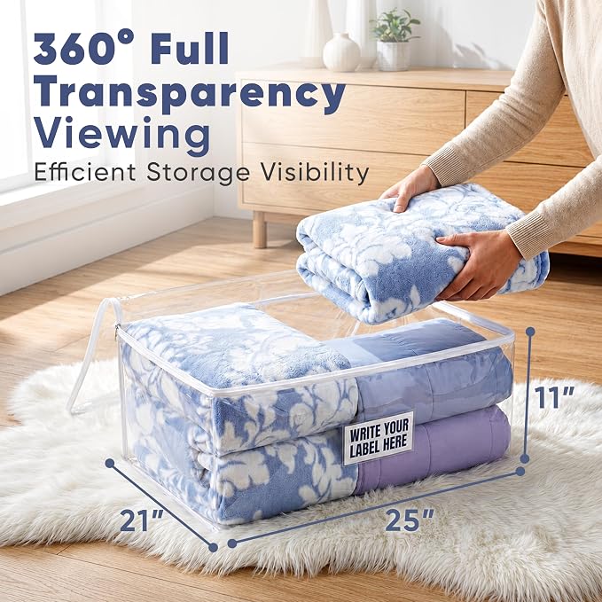 Masirs Clear Blanket Storage Bag (2-Pack) - Vinyl Clothing Organizers with Zipper & Label Pocket - Protects from Dust, Moisture & Dirt - Ideal for Underbed Storage Sheets, Comforters & Bedding