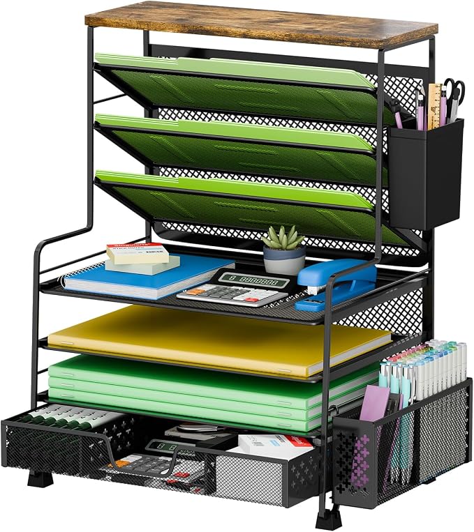 Ekisemio 8 Tier Desk File Organizer with Sliding Drawer, Desktop Organizers and Accessories, Letter Size File Organizer for Desk, Black
