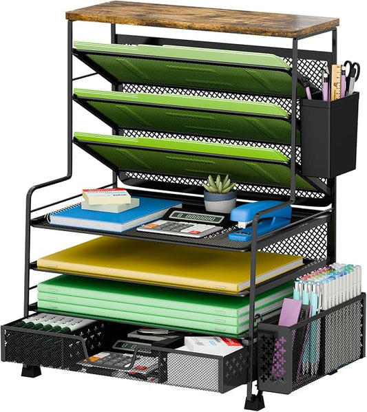 Ekisemio 8 Tier Desk File Organizer with Sliding Drawer, Desktop Organizers and Accessories, Letter Size File Organizer for Desk, Black