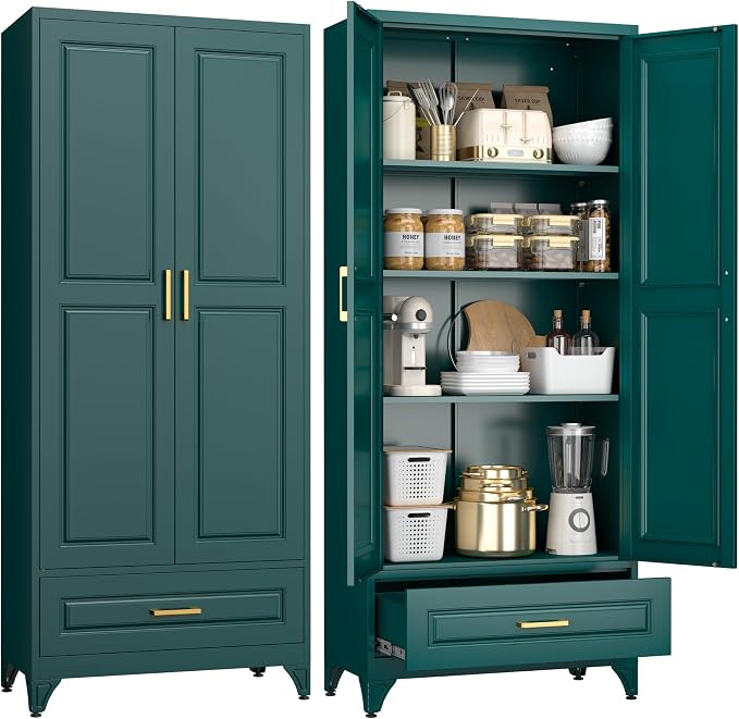 UNICOLY 75" Kitchen Pantry Cabinet,Metal Storage Cabinet with Drawer, | Tall Storage Cabinet with Doors and 4 Shelves,for Kitchens, Living Room, Dinning Room, Assembly Required, Green