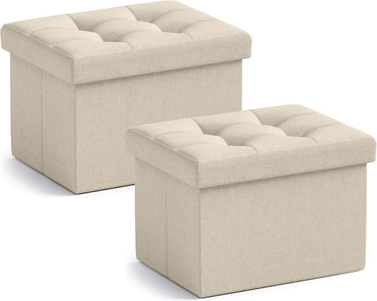 Ornavo Home Small Rectangle Ottoman Set of 2, Linen, 12x16x12, Beige | Storage Collapsible Design; Foot Rest Stool Seat; Ideal for Living Room, Bedroom, Home Office or Dorm