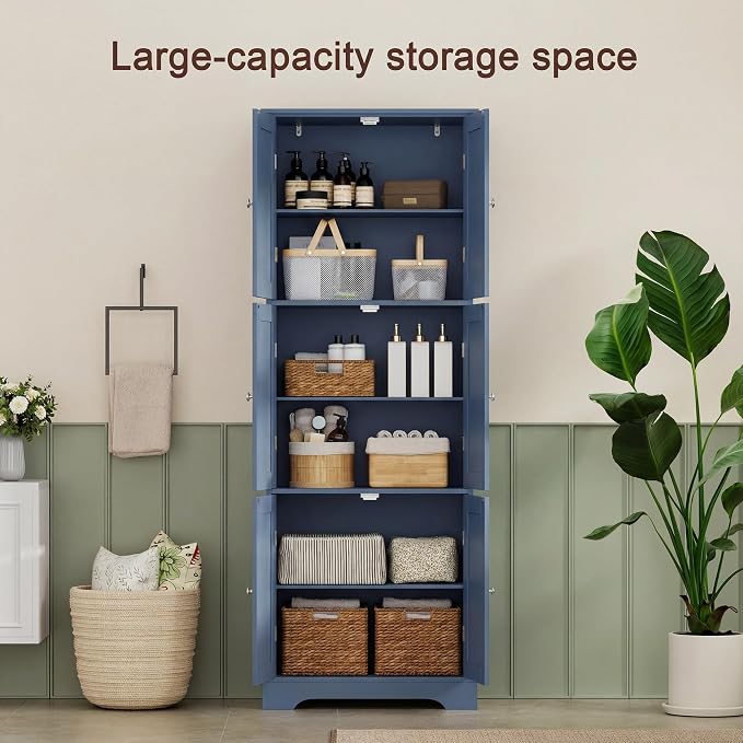 ChooChoo 63.2" Tall Bathroom Storage Cabinet with 6 Doors | Freestanding Floor Cabinet, Adjustable Shelves, Pantry Cabinet for Bathroom, Kitchen, Laundry Room, Blue