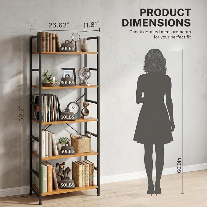 HealSmart 5 Tier Bookshelf, Free Standing Book Shelf Home Office Bookcase Shelf Storage Organizer for Bedroom, Bathroom, Living Room, Office, Balcony, Wood