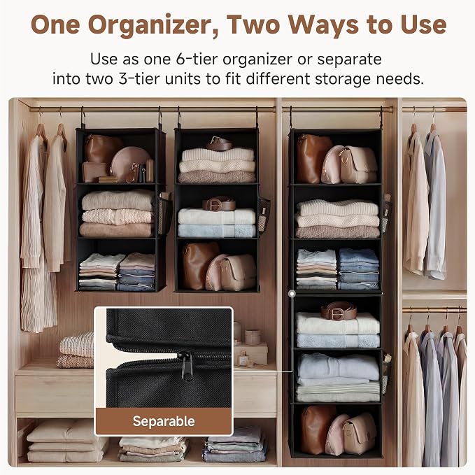 StorageWorks Hanging Closet Organizer 6-Shelf, Separable Two 3 Shelf Closet Storage Organizer with Side Pockets, Portable Hanging Shelves for Clothes, Sweater,12 1⁄2" D x 12 1⁄2" W x 47 ¼"H, Black