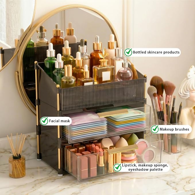Large Capacity Makeup Organizer Countertop with Brush Holder, Vanity Skincare Perfume Storage Box for Bathroom, Mother's Day Birthday Anniversary Teen Girl Gifts for Women Mom