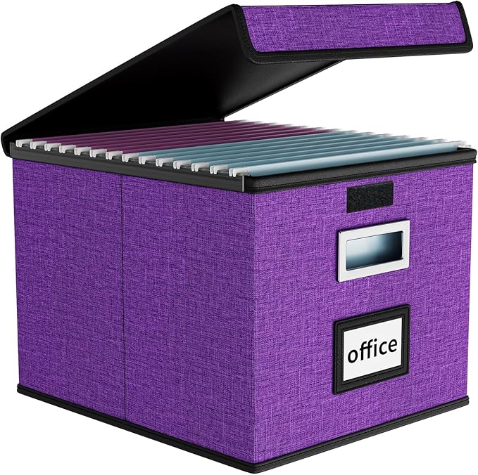 File Organizer Box with Lids, Collapsible File Folder Organizer | File Box with Plastic Slides for Office Document Storage, Filing Bin for Letter Size Hanging File Folders (1 Pack, Purple)