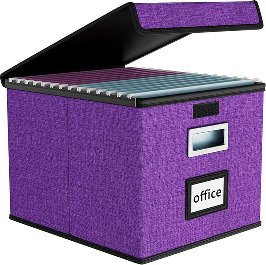 File Organizer Box with Lids, Collapsible File Folder Organizer | File Box with Plastic Slides for Office Document Storage, Filing Bin for Letter Size Hanging File Folders (1 Pack, Purple)