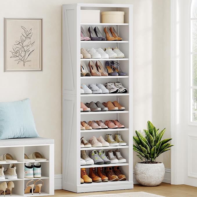 Hzuaneri Shoe Storage Cabinet,10 Tiers Farmhouse Tall Shoe Cubby Organizer | Freestanding Shoe Cabinets, Wooden Shoes Rack with Cubby, 27-30 Pairs, for Entryway, Living Room, White SR52603X