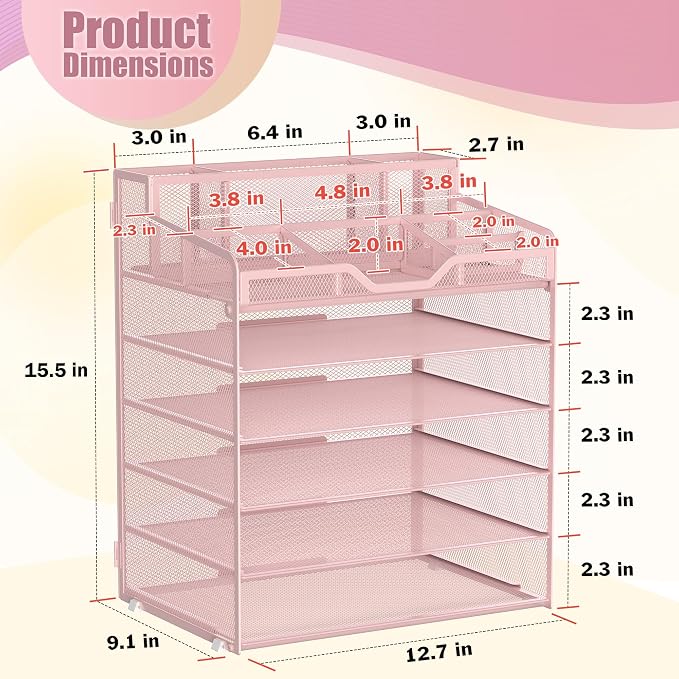 Docnest 6 Tier Mesh Desk Organizer with Letter Tray & Paper Sorter, Pink | Features 3 built-in pen holders & 5 adjustable compartments on top. Includes 4 non-slip rubber feet for desk protection
