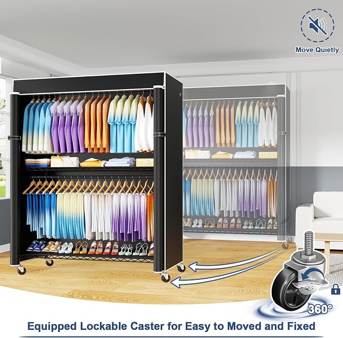ULIFHOME P8C Max Heavy Duty Clothes Rack（With Extended Width Design） Rolling Clothing Racks for Hanging Clothes with Lockable Wheels，51.2"W x 15.8"D x 80.5"H，Load 800LBS，Black Rack with Black Cover