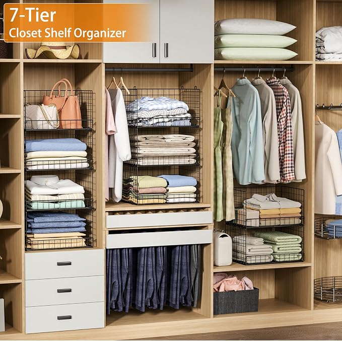 Yociyoga 7-Tier Stackable Closet Organizers and Storage Shelves, Foldable Closet Shelf Organizer System, Stackable Storage Bins Drawers for Closet Organizer System, Black（Patent No. 30022416）