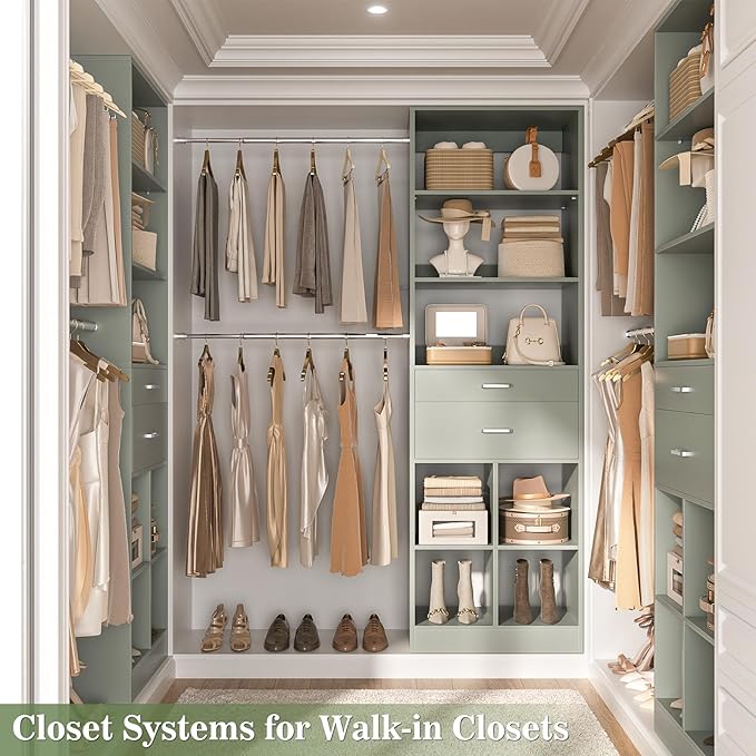 Besiost Closet System, 4-8 FT Closet Organizer Tower with 2 Wooden Drawers and 5 Hanging Rods, Can Fit 60 to 96 inch Walk-in Closet System, Crab Green
