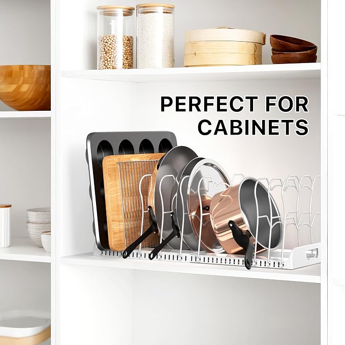 Simple Houseware Expandable Pan Rack 10 Adjustable Compartments, White | Kitchen Cabinet Organizer for Pots, Pans, Lids & Bakeware - Pantry & Countertop Storage