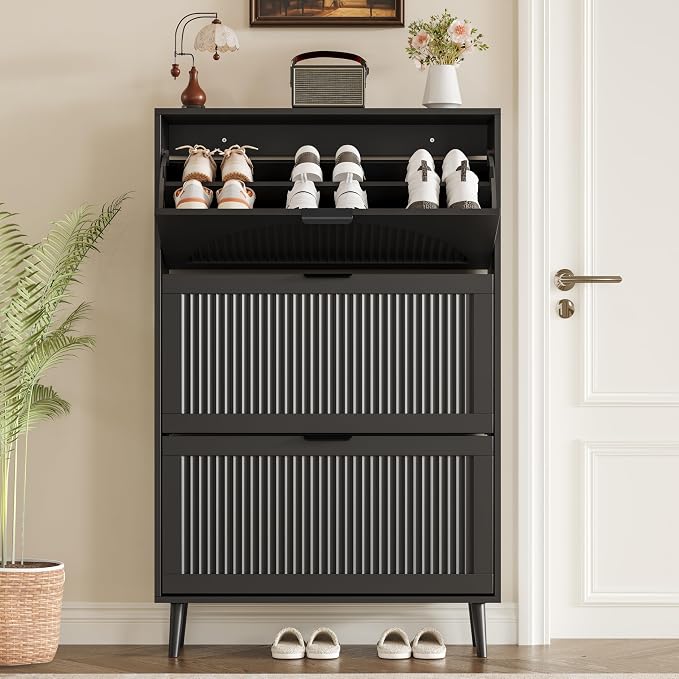 BORNOON Shoe Cabinet for Entryway with 3 Flip Drawers, Slim Wooden Shoe Storage Organizer with Modern Fluted Pannel，Freestanding Narrow Hidden Shoe Rack for Hallway, Foyer, Living Room