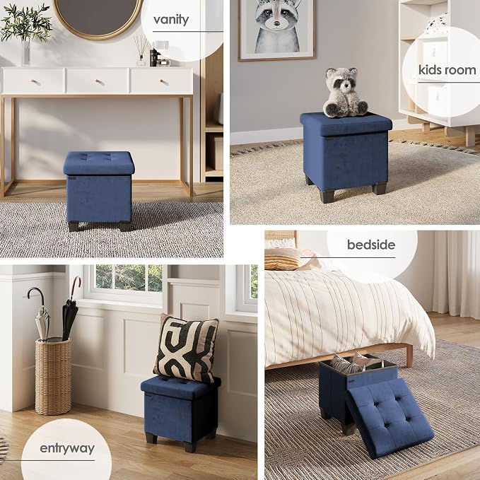 Storage Ottoman Cube with Small Bin, 15-in Square Ottoman with Storage for Living Room and Bedroom, Small Ottomans Foot Rest, Velvet Foot Stools Ottomans Max 330lbs, Blue