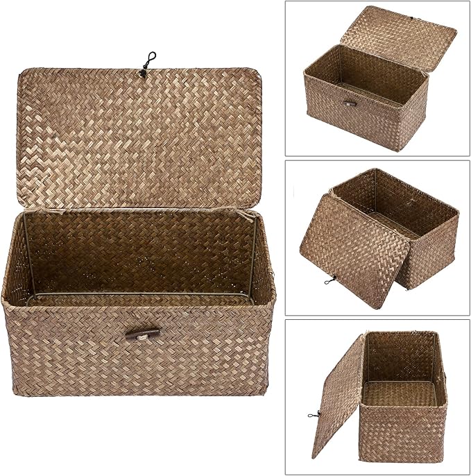 Hipiwe Wicker Shelf Baskets Storage Bin with Lid Handwoven Seagrass Basket | Rectangular Household Basket Boxes for Shelf Wardrobe Home Organizer, Coffee Medium