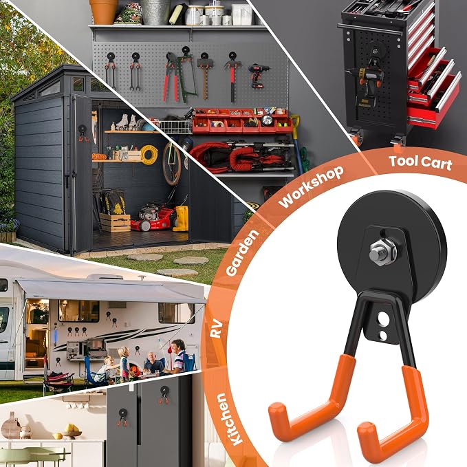 Magnetic Utility Hooks Heavy Duty, 6 Pack 2.6in Large Strong Magnet Utility Hooks, Magnetic Garage Hangers/Holder With Rubber Coating For Power Drill, Tool Storage, Indoor & Outdoor Hanging (Orange)