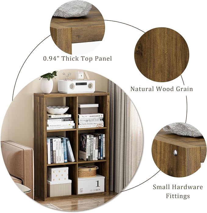 VDNEND Cube Storage Organizer Bookcase, Decorative 11 inch Open Back Cubical Shelf with Thickened Border, Display Bookshelf for Living Room, Home Office, Sturdy Room (Brown, 6 Cube)
