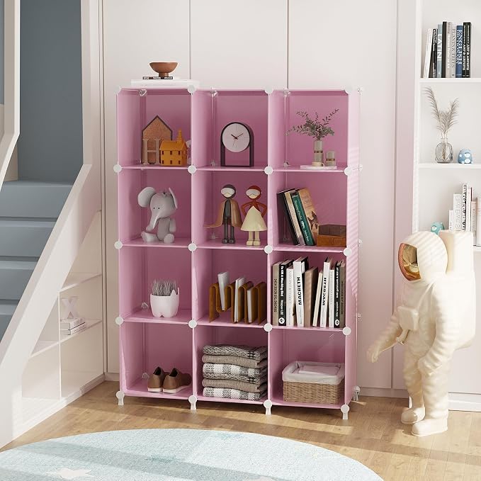 AWTATOS 12 Cube Storage Organizer, Closet Organizers Storage Shelves, Pink | Portable Closet Organizers, DIY Stackable Storage Cubes Shelves Bookshelf, Plastic Clothes Shelving for Home, Bedroom