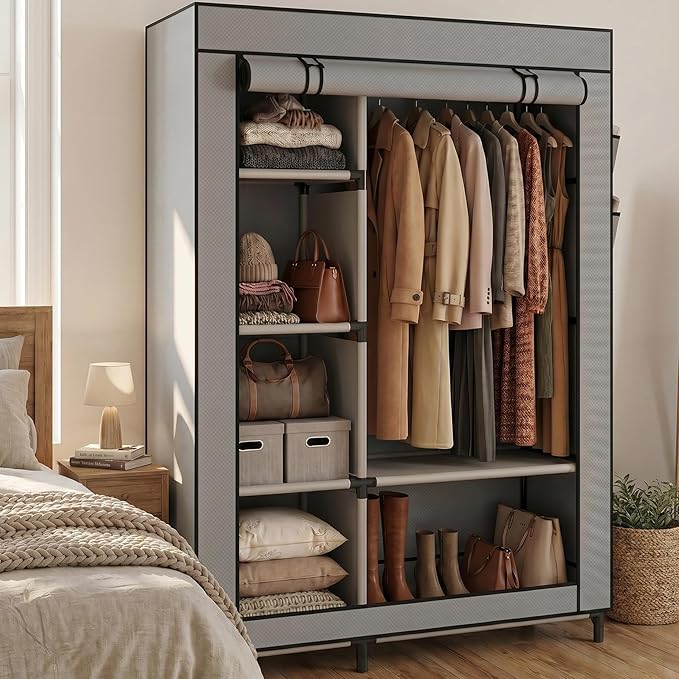 Calmootey Portable Closet Organizer, Space-Saving Storage System for Home | Sturdy Rod for Coats, 6 Shelves for Folded Clothes, 4 Side Pockets for Small Items, Non-Woven Dustproof Cover, Grey