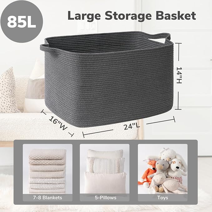 Goodpick Extra Large Woven Storage Basket, Cotton Rope, Dark Gray | 85L, 23.6 x 15.7 x 13.8 in, Living Room, Bedroom & Nursery Organization, Blankets, Clothes, Toys & Pillows Storage