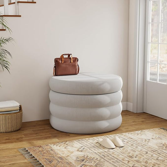 KROFEM 26.3" Wide Round Velvet Ottoman,Storage Foot Stool with Removable Top for Living Room,Dressing Room and Bedroom,Gray