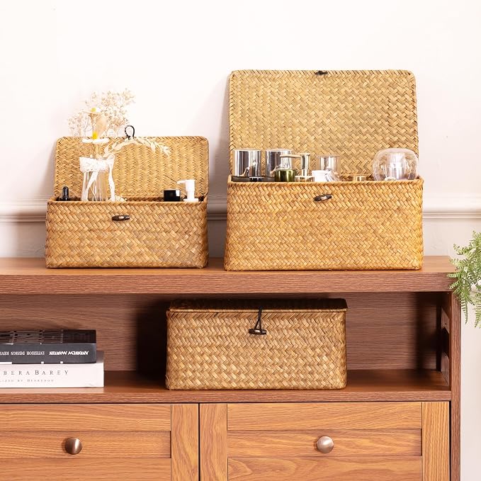 Nonam Small Basket with Lid, Natural Seagrass Bin with Lid, Shelf Baskets Multipurpose Container for Boho Decoration, Rectangular Household Storage Boxes for Home Organization-Natural