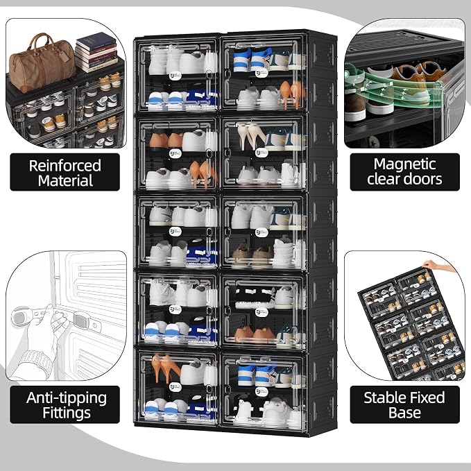 Black Shoe Storage Cabinet for 40 Pairs, Collapsible Plastic Shoe Organizer with Magnetic Clear Doors, 3-Step Tool-Free Assembly for Entryway, Hallway, Apartment and Closet (2Row, 10Tier)