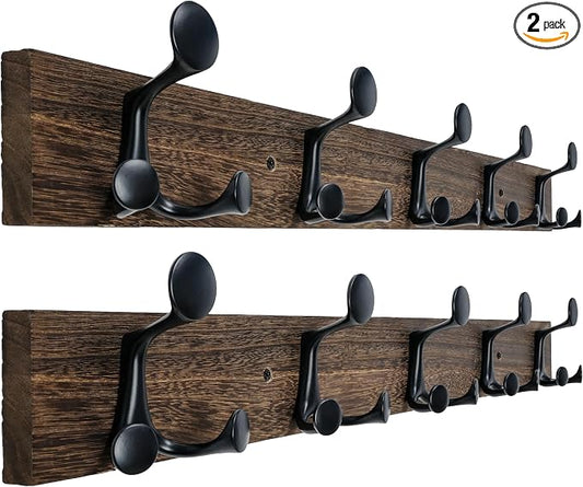 WEBI Coat Rack Wall Mount,30" Solid Wood Coat Hooks Wall Mounted Coat Hanger,16" Hole to Hole,Heavy Duty Hook Rack Rail,5 Triple Hooks for Hanging Coats,Jacket,Clothes,Hat,Weathered Brown,2 Packs