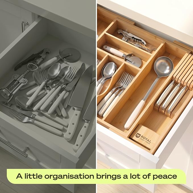 Drawer Organizer for Kitchen Organization – Expandable Bamboo Silverware Drawer Organizer with Removable Knife Block, Bamboo Cutlery, Non-Slip Utensil Organizer with 7-Slot Knife Storage for Flatware