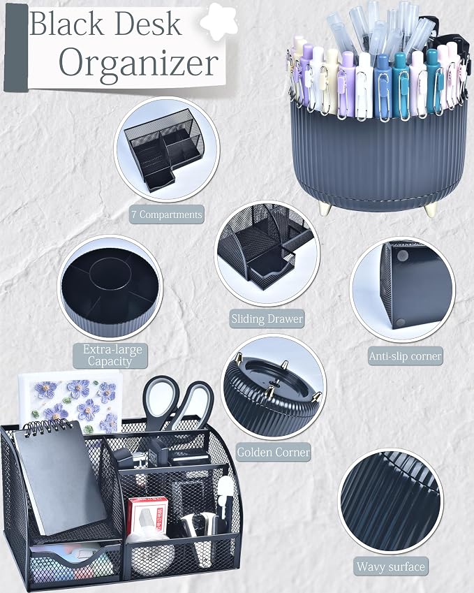 Black Desk Accessories and Organizers with Desk Organizer and 360°Rotating Pen Holder stapler Pen and a Lot of Office Black Office Supplies Beautifully Presented in a Gift Box